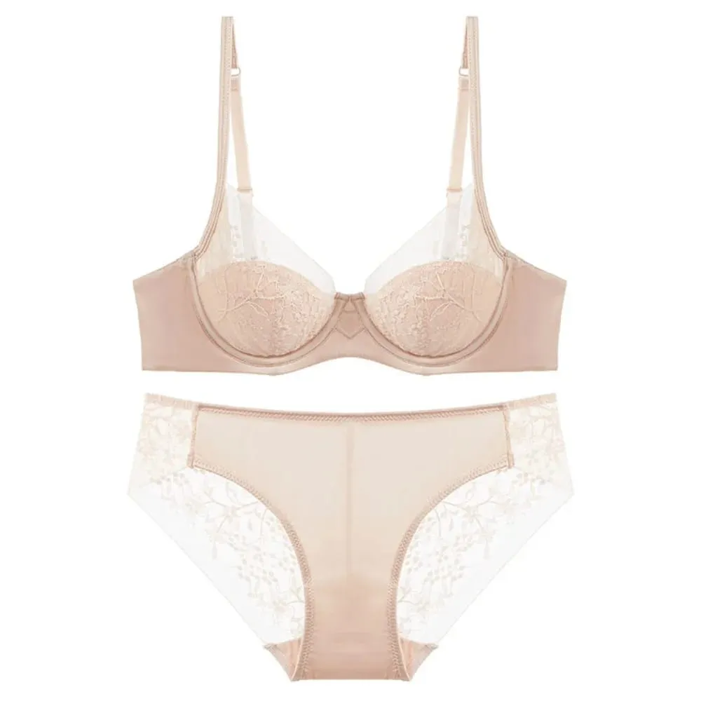 Conjunto de lencería de encaje elegante, sujetador reductor de copa fina, bragas, ropa íntima cómoda y transpirable, traje para busto grande, talla 32-38, ropa interior diaria