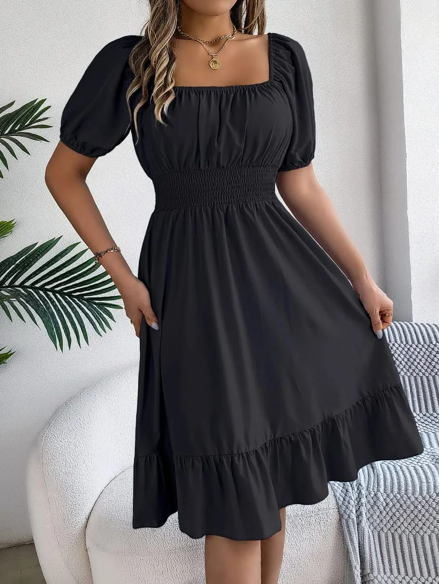 Spring Summer Elegant High Waisted Dress Square Neck Short Sleeved Ruffled Edge Long Dresses 2026 Valentine's Day Woman Clothing — image 7