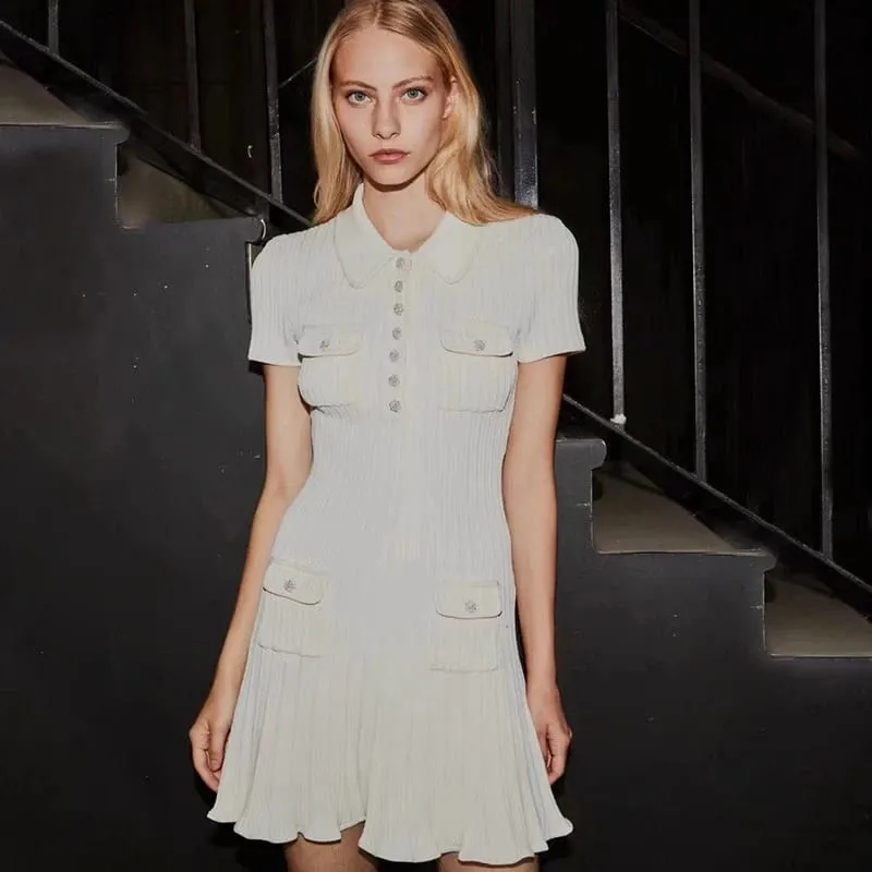 2024 Spring/Summer New Polo Neck Short Sleeve Knitted Dress Y2K Fashion Commuter Elastic Slim Fit Multi Pocket Wrapped Hip Skirt — image 5