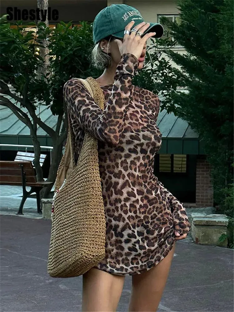 Shestyle เสือดาวเซ็กซี่ A-Line ชุดผู้หญิง 2 ชิ้นชุดตาข่ายดูผ่านแฟชั่นร้อนมาก High Street พิมพ์สัตว์สไตล์ — image 2