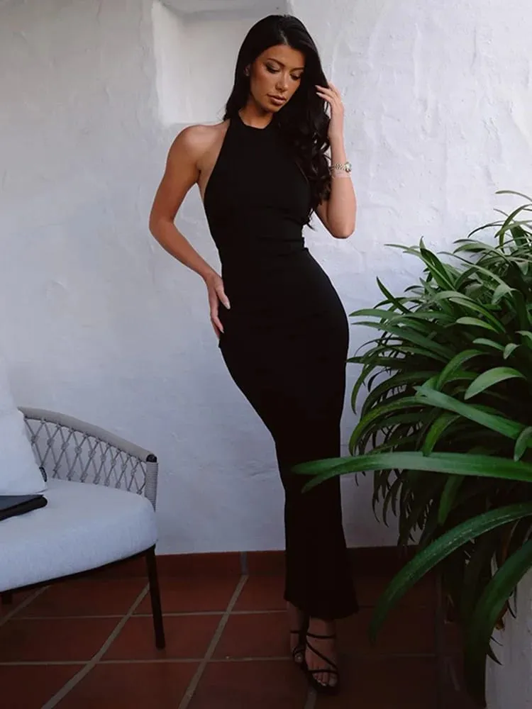 Sexy Backless Halter Elegant Bandage Maxi Dress Outfits for Women Sleeveless Summer Club Party Black Gown Dresses — image 6