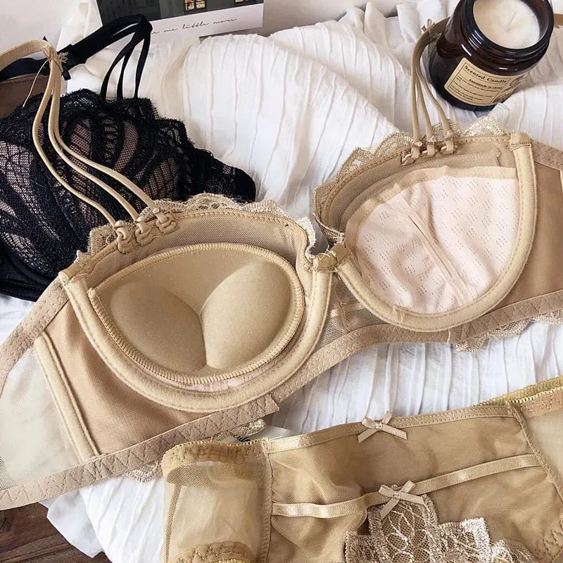 Sexy Embroidery Lace Shell Half Cup Small Breasts Push Up Bra Set Thicken Adjustable Pad Brassiere Panties Girls Underwear — image 6