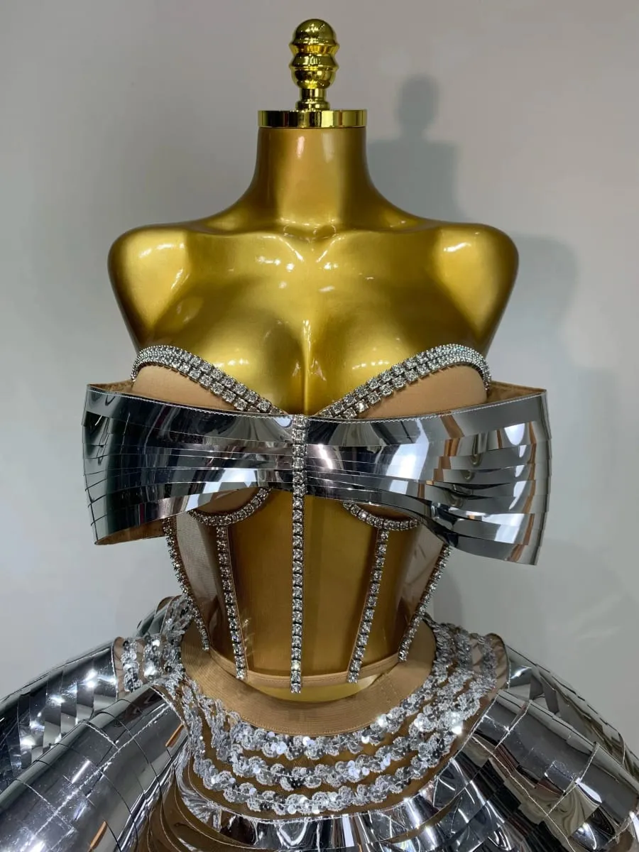 Women Stage Performance Costume Two Piece Set Silver Sequins Rhinestone Fancy Outfit Sexy Backless Shiny Birthday Party Dresses — image 5