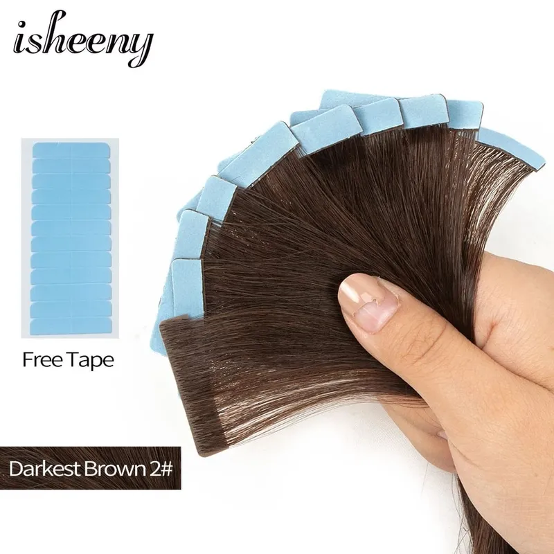 Isheeny 12" 16" 20" PU Skin Weft Tape Hair Extensions 10pcs Invisible Tape In Hair Extensions Straight Machine Remy Human Hair
