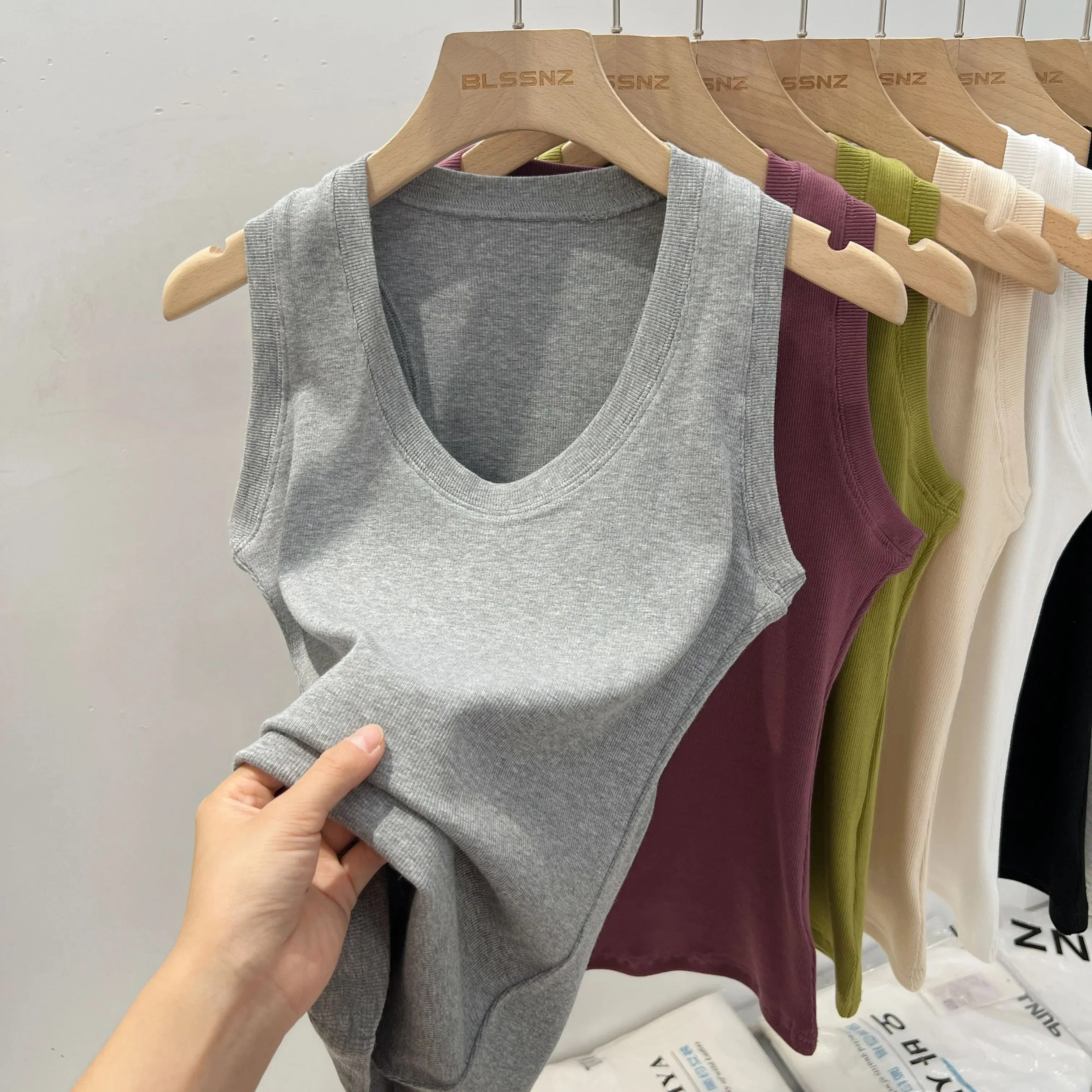 2026 Women Solid Low Round Neck Ribbed Camisole Summer Basic Elastic Tank Top Korean Style Versatile Slim Tanks & Camis — image 14