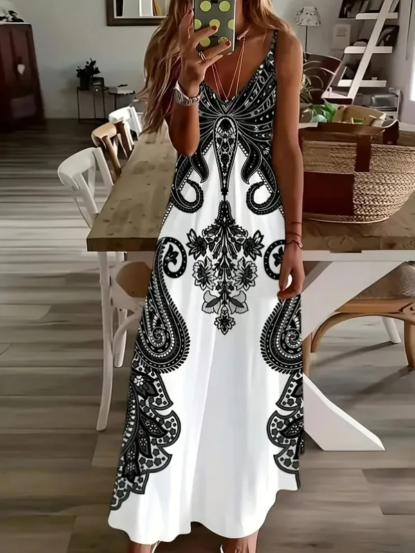 2024 Cross border New Flower Printed V-neck Strap Dress with Exotic Bohemian Vacation Style Elegant Long Style