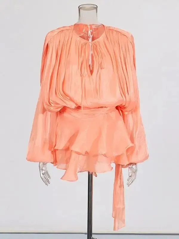 Solid Blouse Mini Dresses For Women V Neck Long Sleeve Spliced Lace Up Sweet Style Dress Female Clothing Fashion — image 13