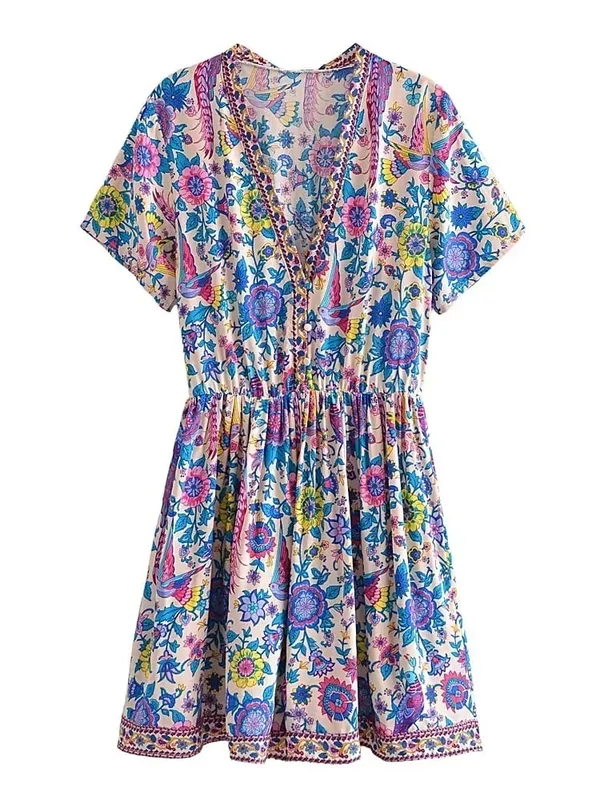 Vintage Chic Women Peacock Květinový potisk Hluboký výstřih do V Bohémské minišaty Dámské Krátký rukáv Happie Beach Boho šaty Vestidos