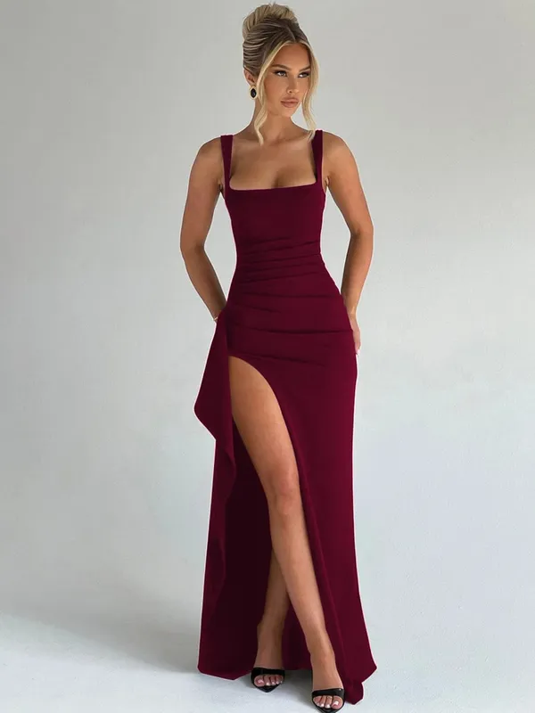 Hugcitar Women Elegant Solid Straps Slit Ruched Patchwork Sexy Bodycon Maxi Dress Summer Outfits Evening Party Birthday Festival