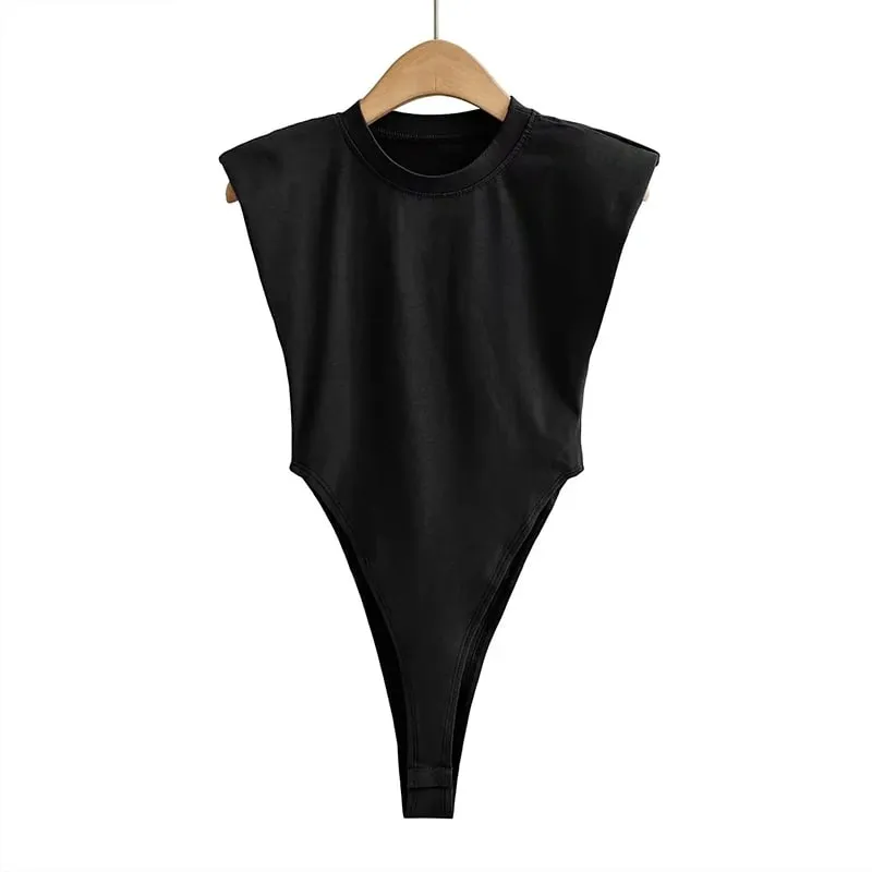 Sexy tops women 2024 Summer one-pieces bodycon bodysuit padded shoulder bodysuit black sleeveless body suits for women white