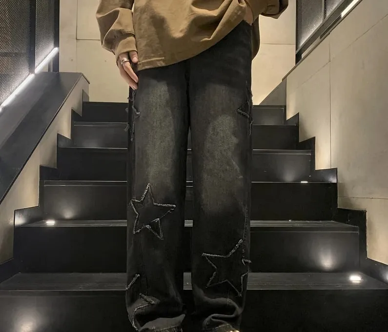 New Fashion Five-pointed Star Jeans Men High-waisted Vintage Streetwear Men Pants Baggy Winter Wide-leg Jeans Denim Men Clothing — image 5