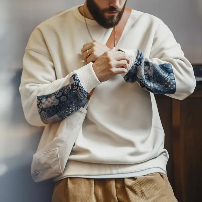 Maden Vintage Boro Patchwork Sweatshirt Casual Round-Neck Tops Men's Classic Pullover for Spring and Autumn Fashion Streetwear — image 3