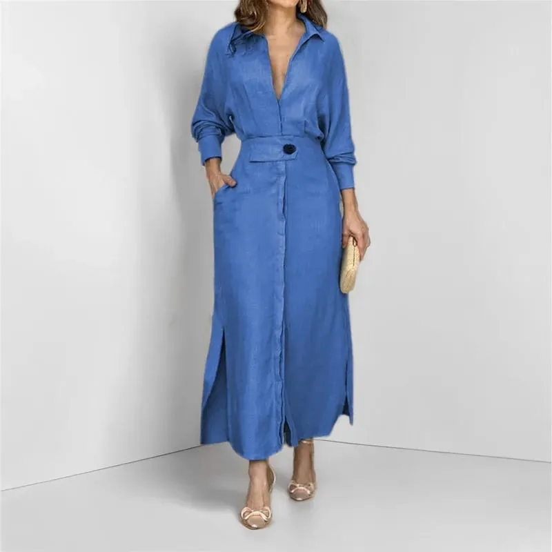 Women's Dress Autumn New Fashion Elegant Long Sleeve Leisure Solid Color V Neck Sexy Ladies Shirt Dresses Commuting Streetwear — image 7