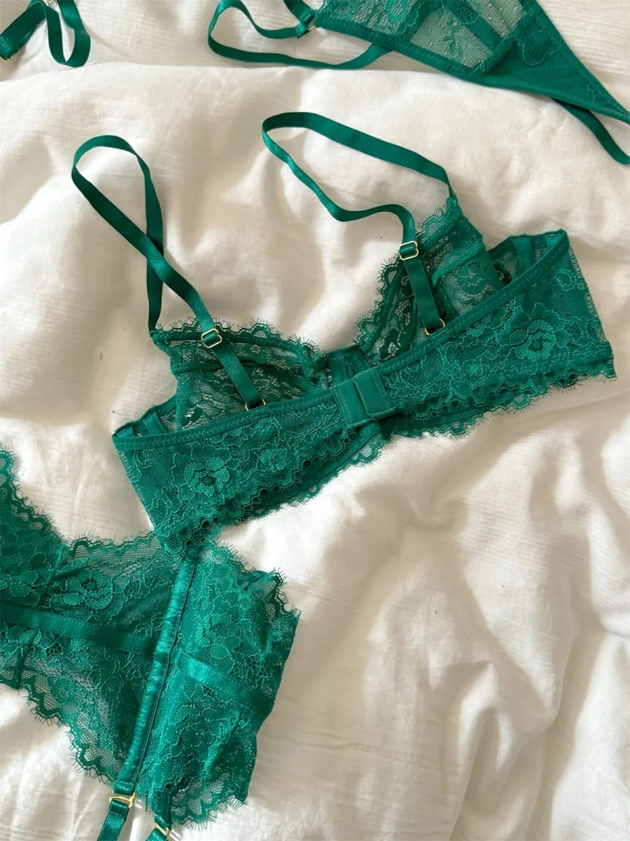 Lace mesh thin section lingerie large breast underwear sexy lace bra set women breathable green romantic bralette — image 2