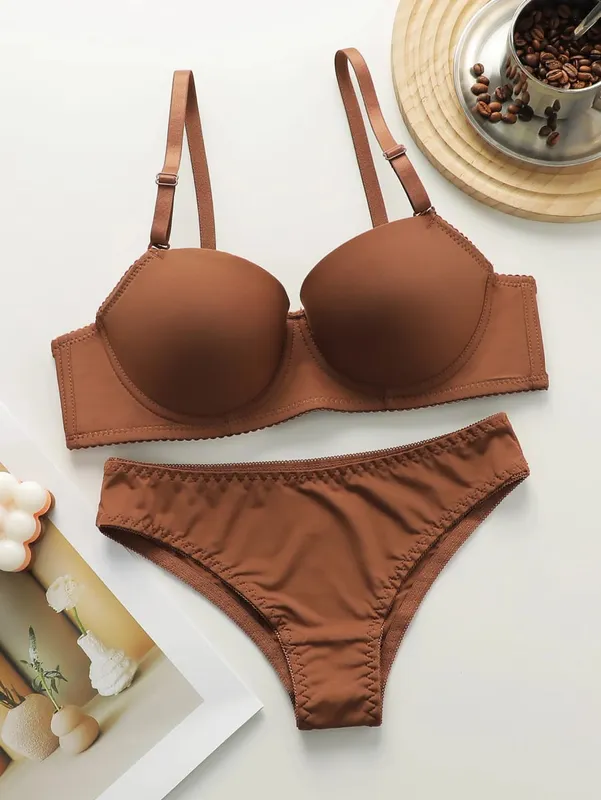 New Hot Selling Solid Color Daily 2-piece Set with Steel Rim push up Bra for Women Underwear Set J2611 — image 1