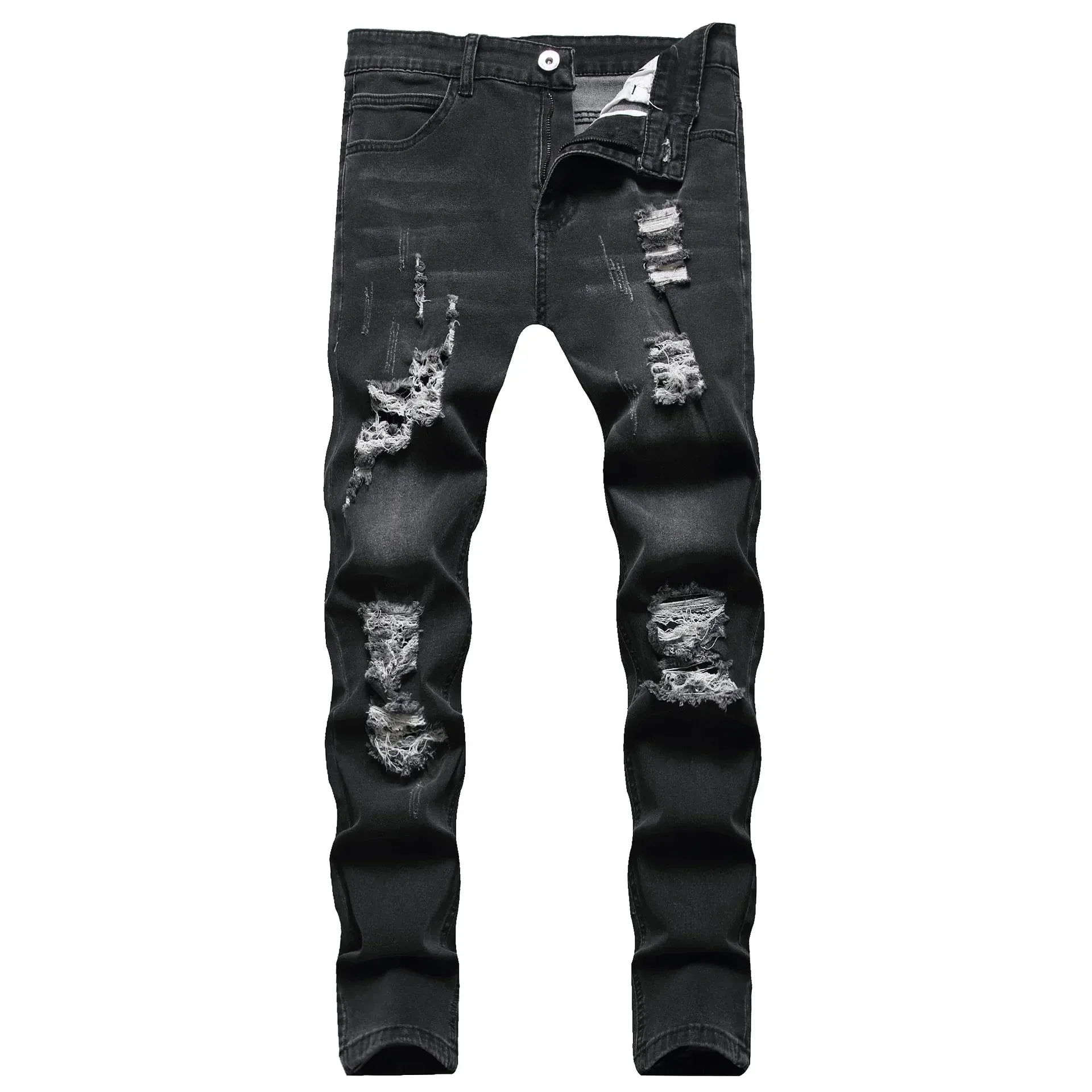 Jeans Men Hole Distressed Pencil Pants Slim Fit Vintage Zipper Fly Pockets Solid Colour Washed Denims Ankle Length Trousers — image 6