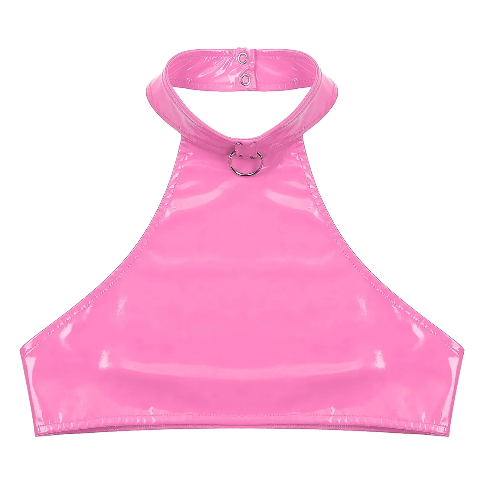 Womens O Ring Halter Latex Vest Tops Backless Patent Leather Crop Top for Rave Party Bralette Bustier Club Pole Dancing Clubwear