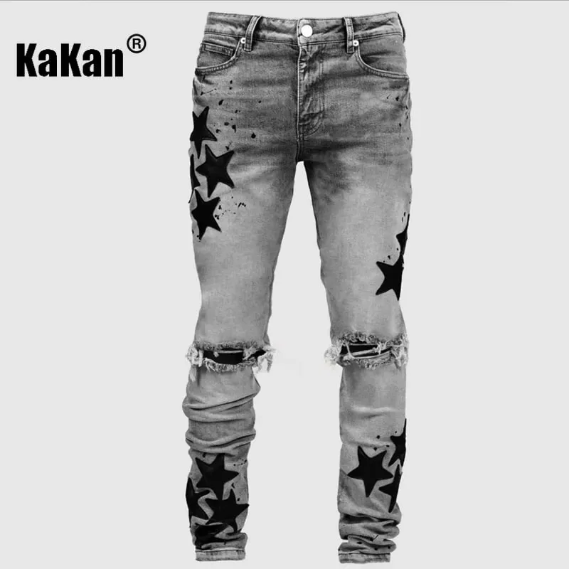 Kakan - New Men's Blue Slim Fit Patch Jeans Y2k Printed Design Long Jeans Jeans Man Brand — image 6