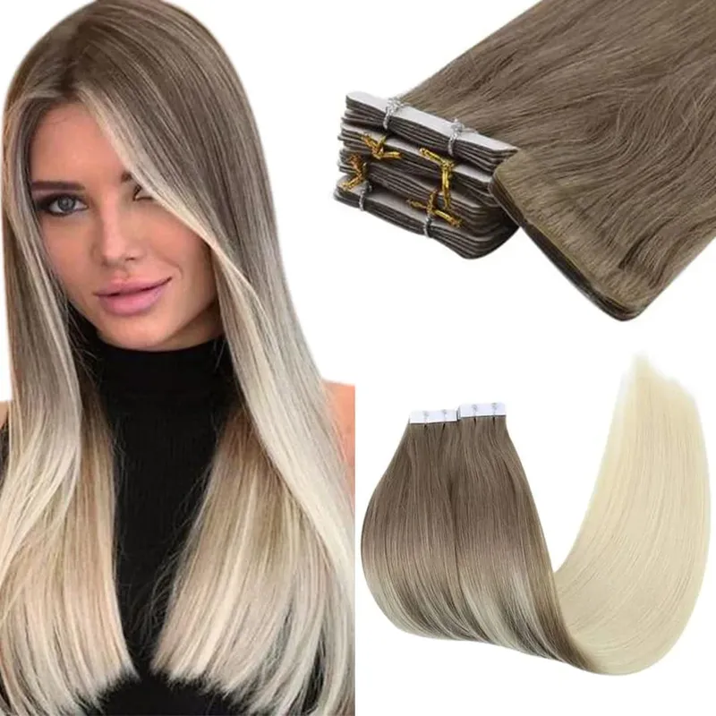 Moresoo Injection Tape Hair Extensions Ash Blonde Highlight Virgin Hair Natural Straight Brazilian Tape in Human Hair Extension