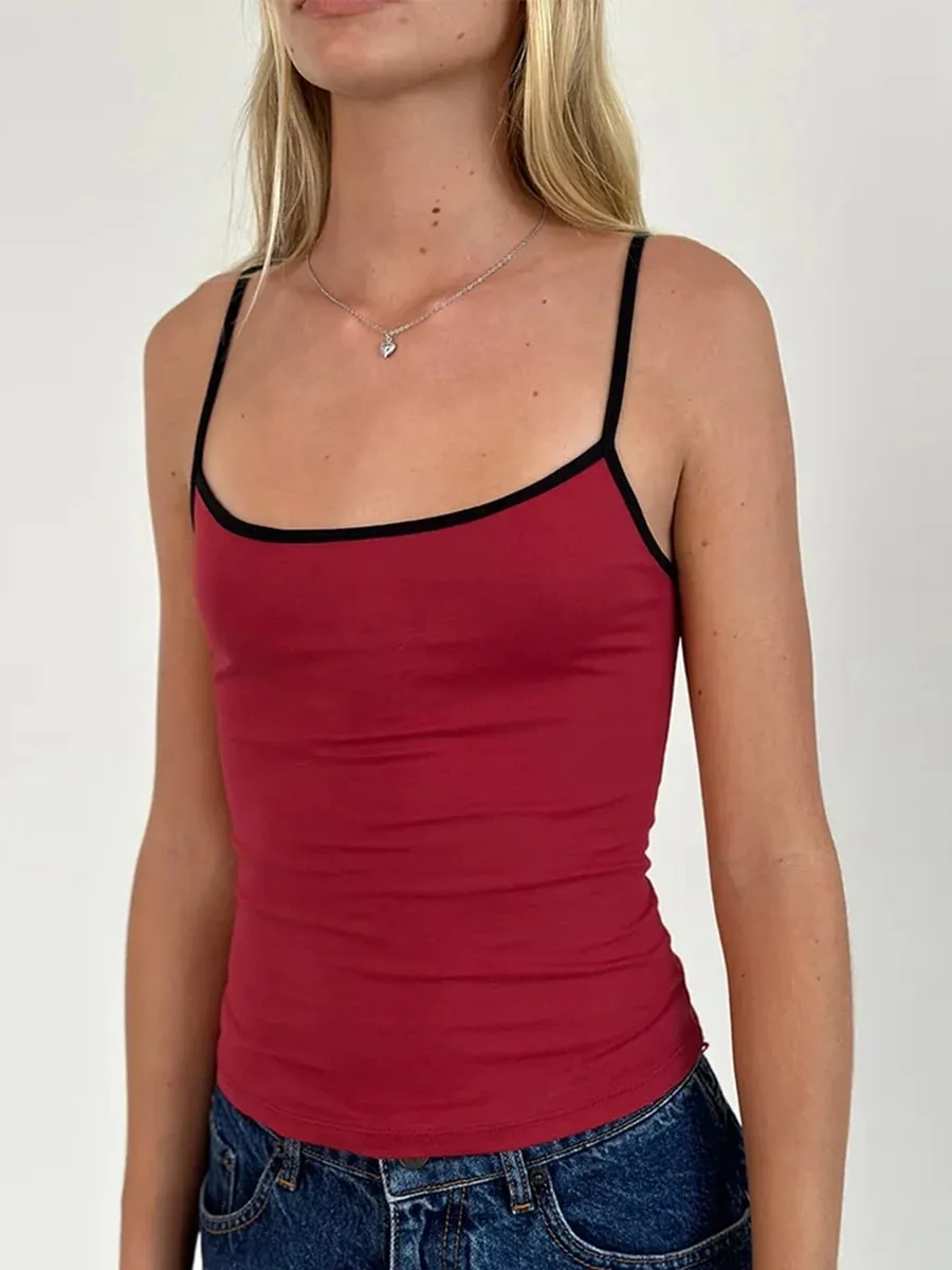 Women Spaghetti Strap Tank Top Scoop Neck Contrast Trim Crop Cami Top Y2K Aesthetic Sleeveless Fitted Basic Tops Streetwear