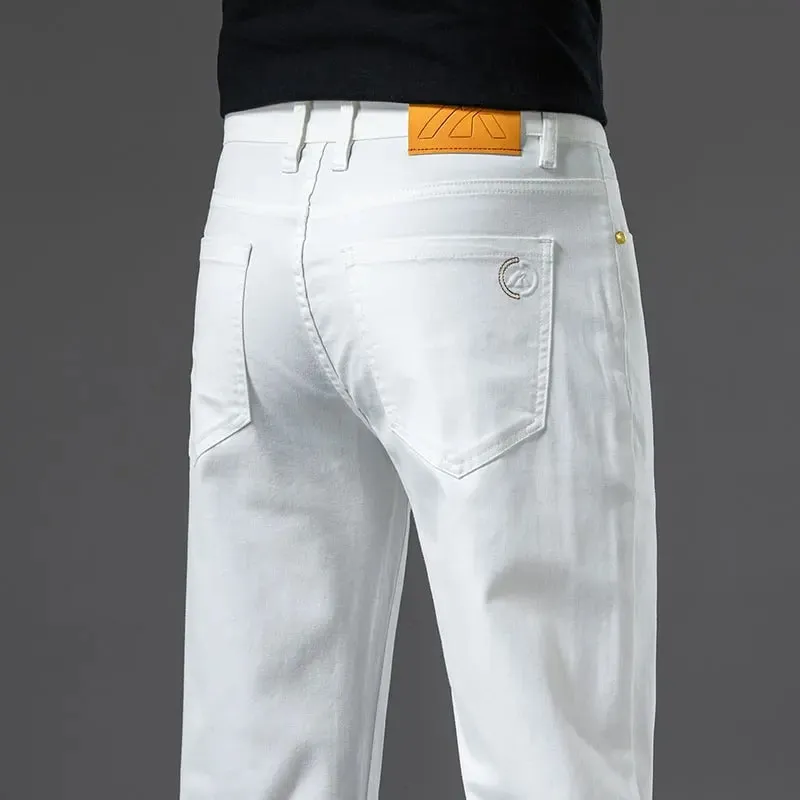 2026 New High Quality Casual Men White Jeans Mid-Waist Straight Stretch Denim Trousers Cotton Comfortable Regular Denim Pants — image 1