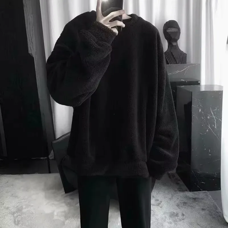 Oversize Sweatshirt Solid Color Lamb Hair O-Neck Long Sleeve Men's Sweatshirt Korean Fashion Loose Hoodies Streetwear Harajuku — image 1