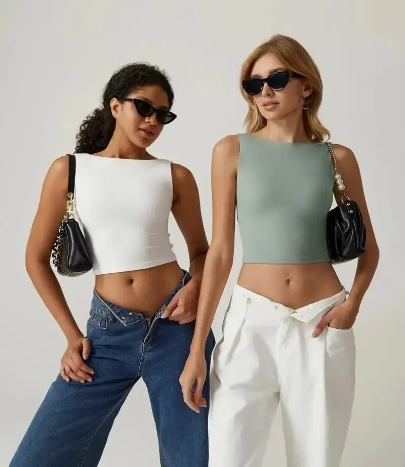 Sexy Open Back Sleeveless Crop Tank High Neck Slim Fit Cropped Tee Shirt Y2k Tops Women Casual Fit Boat Neck Comfy Solid Shirt — image 3