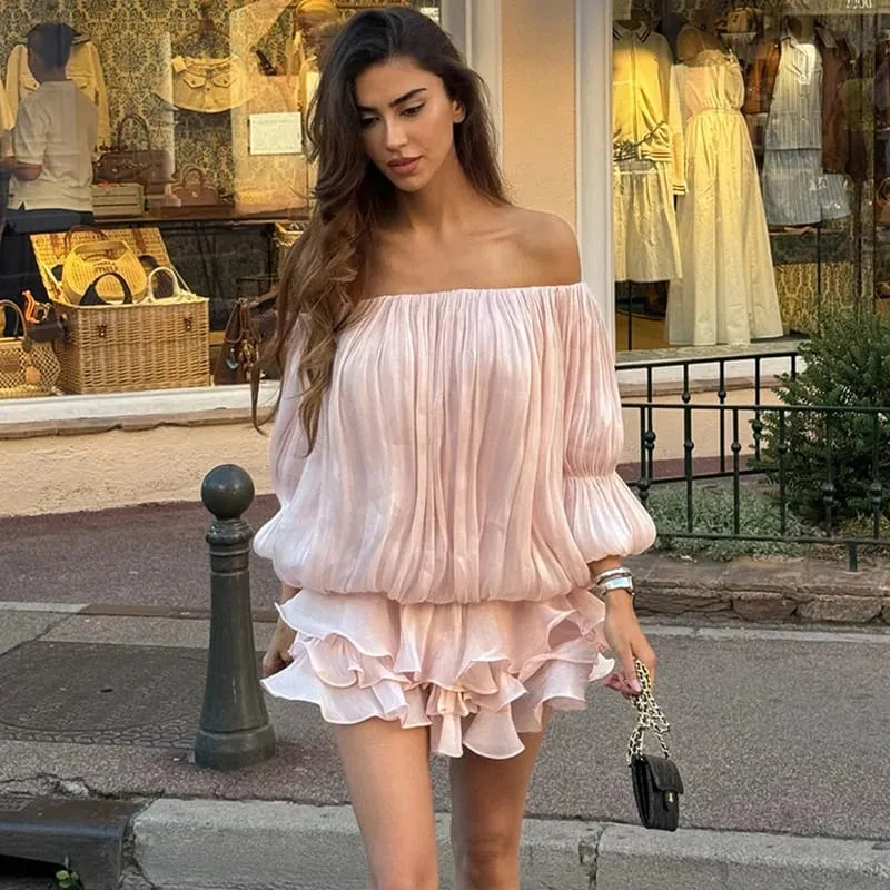 Vstupenkyx Letní lesklé Úzké plisované minišaty na jedno rameno Elegantní jednobarevné nařasené dlouhé rukávy Vestidos Dámské společenské večerní šaty — image 3