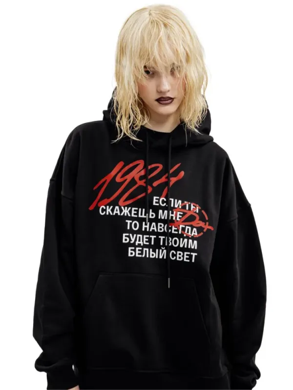 Harajuku Streetwear Pullovers Men's Hoodies 1984 Graphic Letter Print Hooded Loose Sweatshirts Hip Hop Aesthetic Tops Gothic Y2k — image 2