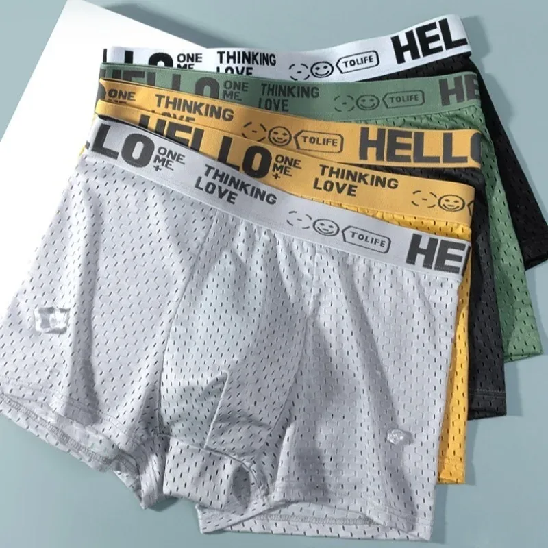 6 bitar av mesh Ice Silk boxningsshorts för herrunderkläder Andas sexig slim fit och sömlösa platta hörnbyxor stor storlek