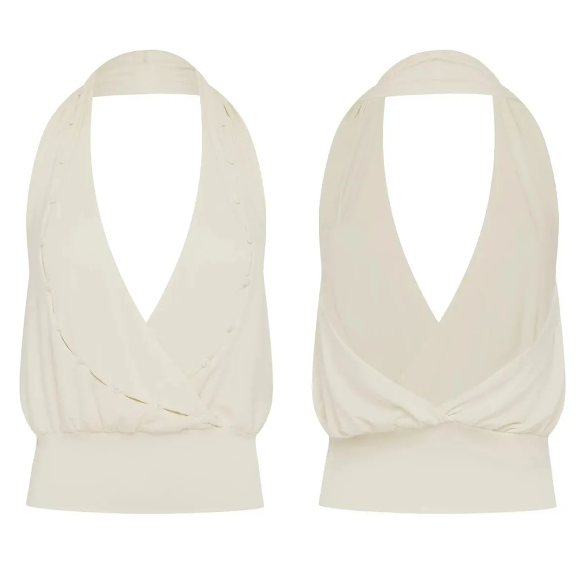 Wj Hellblaues Neckholder-Top mit tiefem V-Ausschnitt und rückenfreiem Design. Kurzes Top mit Twist-Knoten-Design am Rücken und Knöpfen für einen schlankmachenden Effekt. Haze Blue Neckholder-Tanktop. Kurzes Top mit Knopfverzierung und Taillenbetonung
