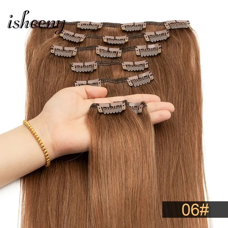 Isheeny 14"-22" Clip In Human Hair Extensions Brazilian Remy Natural Clip Human Hair Extension Real Natural Clip On 50-65G
