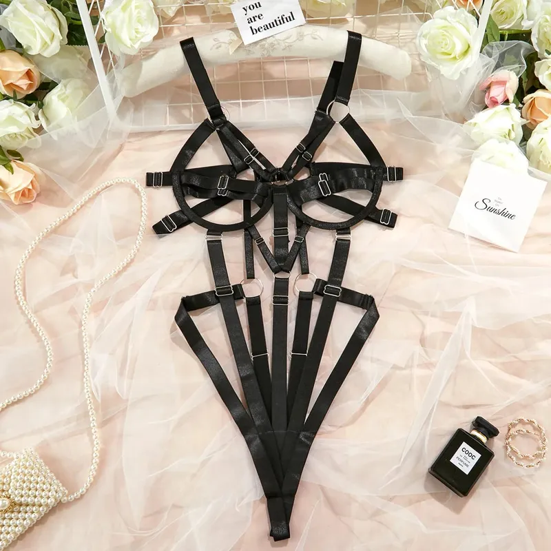Women's Ribbon Splicing Steel Ring Backless Jumpsuit Underwear Sexy Solid Patchwork Steel Ring Bodysuit Perspective Intimates — image 3