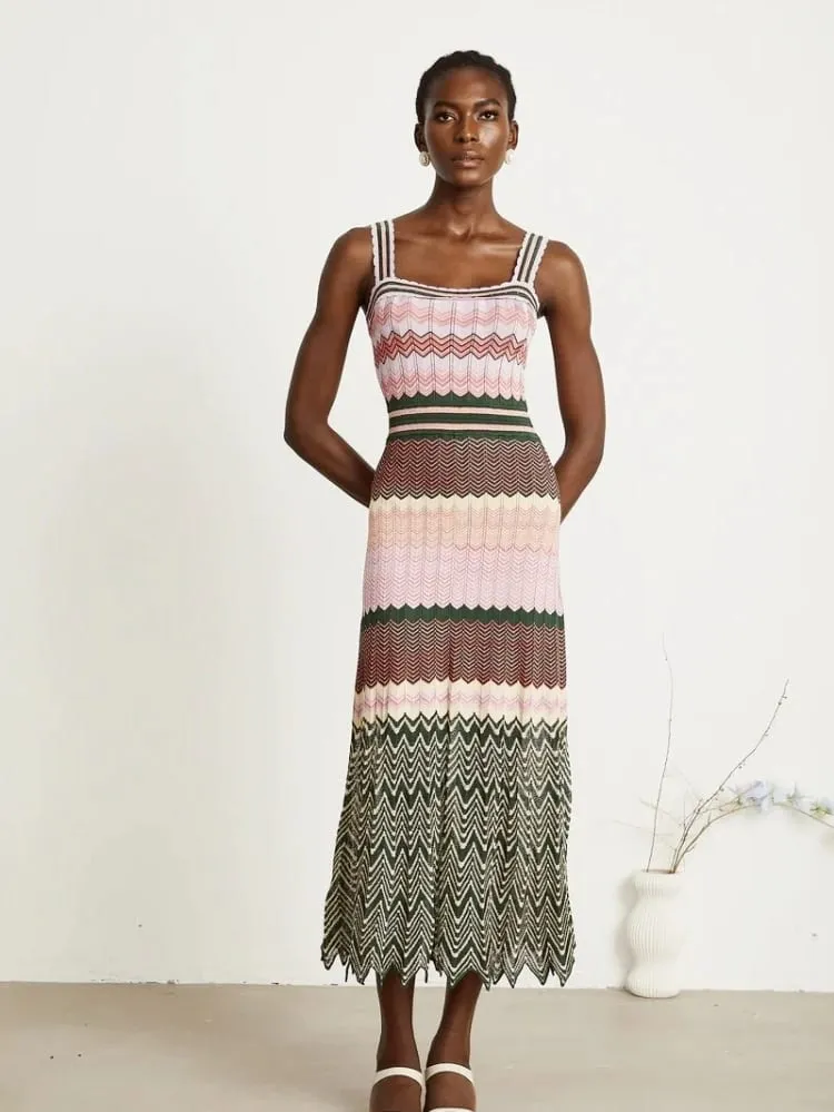 Luxury Brand Design Knitted Zigzag High Elasticity Color Sleeveless Long Maxi Dress Women Arab Africa Popular Boho Lady Skirt — image 5