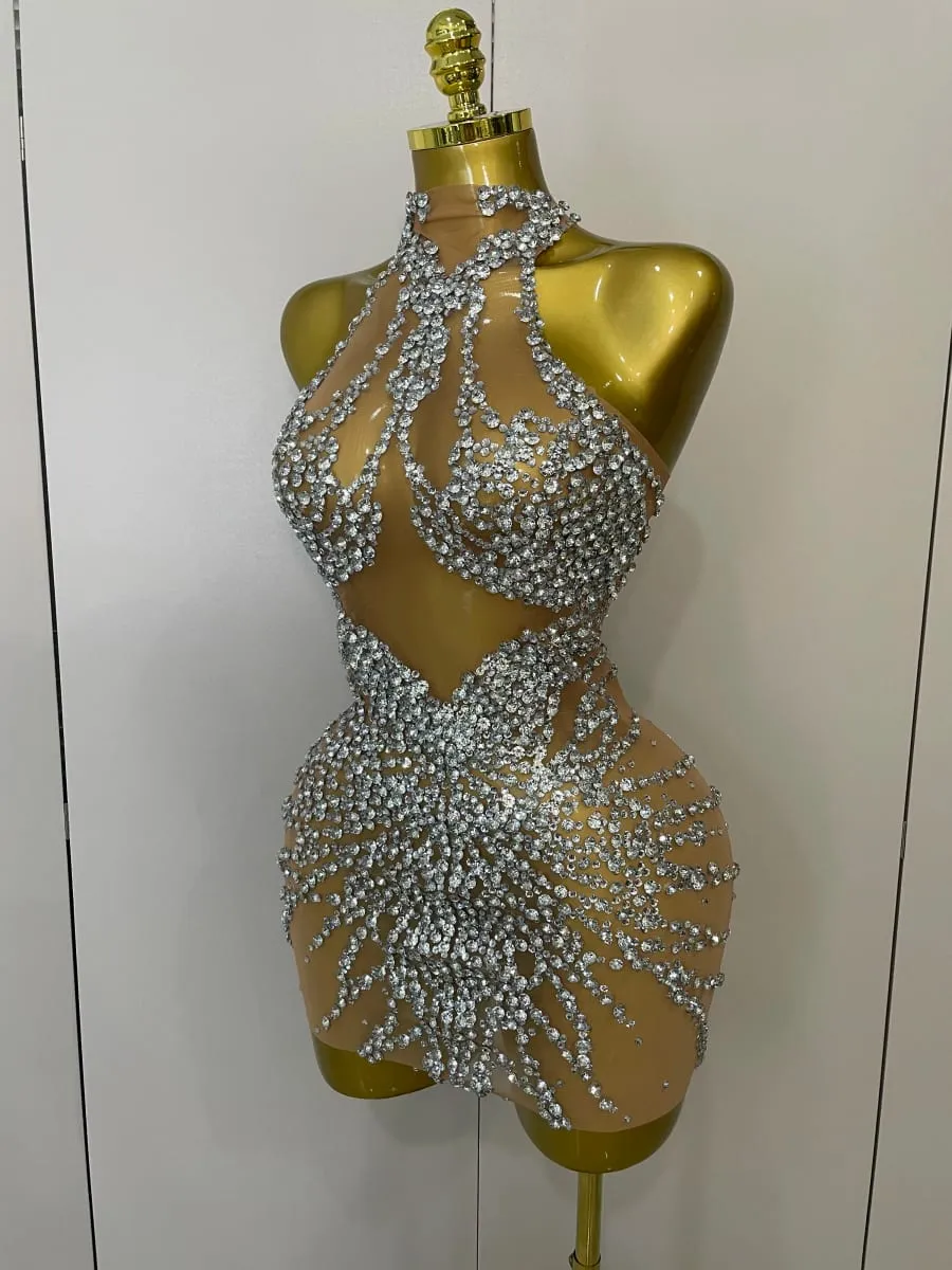 Sparkly Rhinestones Sexy Mesh See Through Dress Party Evening Prom Celebrate Birthday Dress Singer Dancer Show Stage Wear — image 3