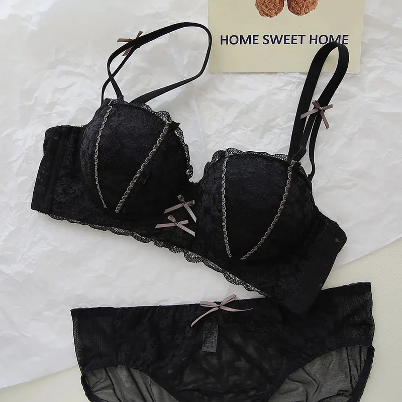 Ensemble de soutien-gorge en dentelle française pour femmes, ensemble de Lingerie Push Up sans fil, petit buste rehausseur, brassière et culotte, sous-vêtements 32 à 38 — image 9