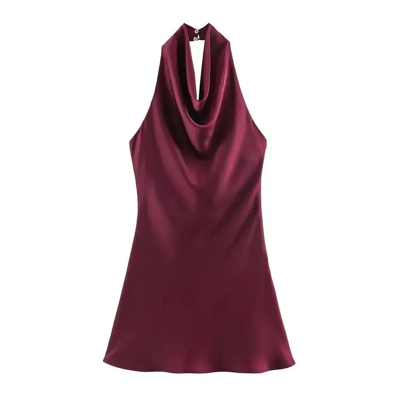 Silk Satin Texture Summer New Arrival Women's Dr Hanging Ne Collar Gown Soft A-Line Skirt High Waist Pure Color — image 7