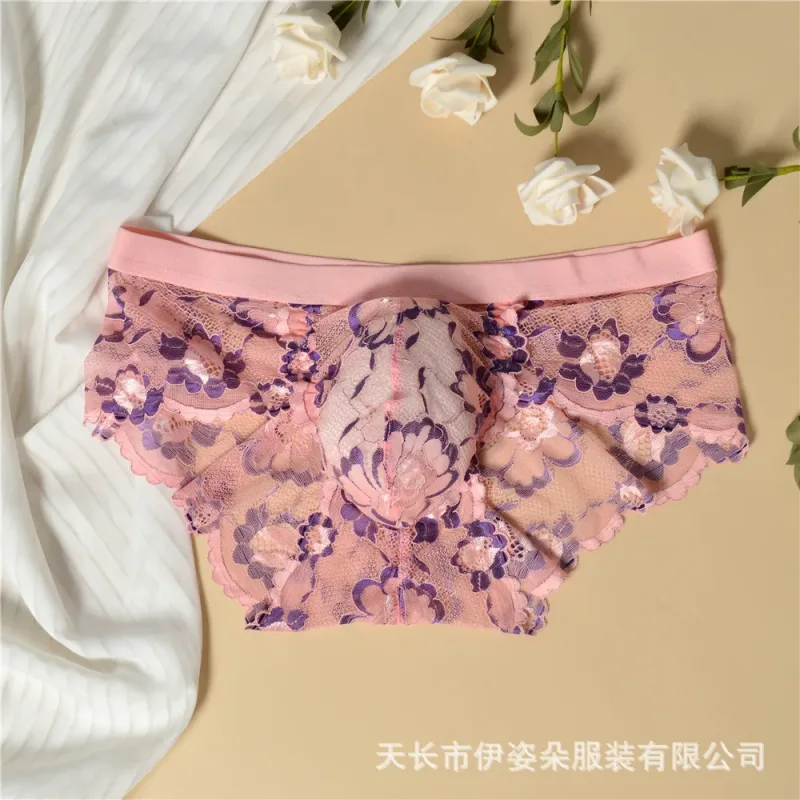 Renda sexy roupa interior suave dos homens bolsa calcinha perspectiva fina floral homem briefs tentação malha baixa ascensão respirável cuecas — image 15