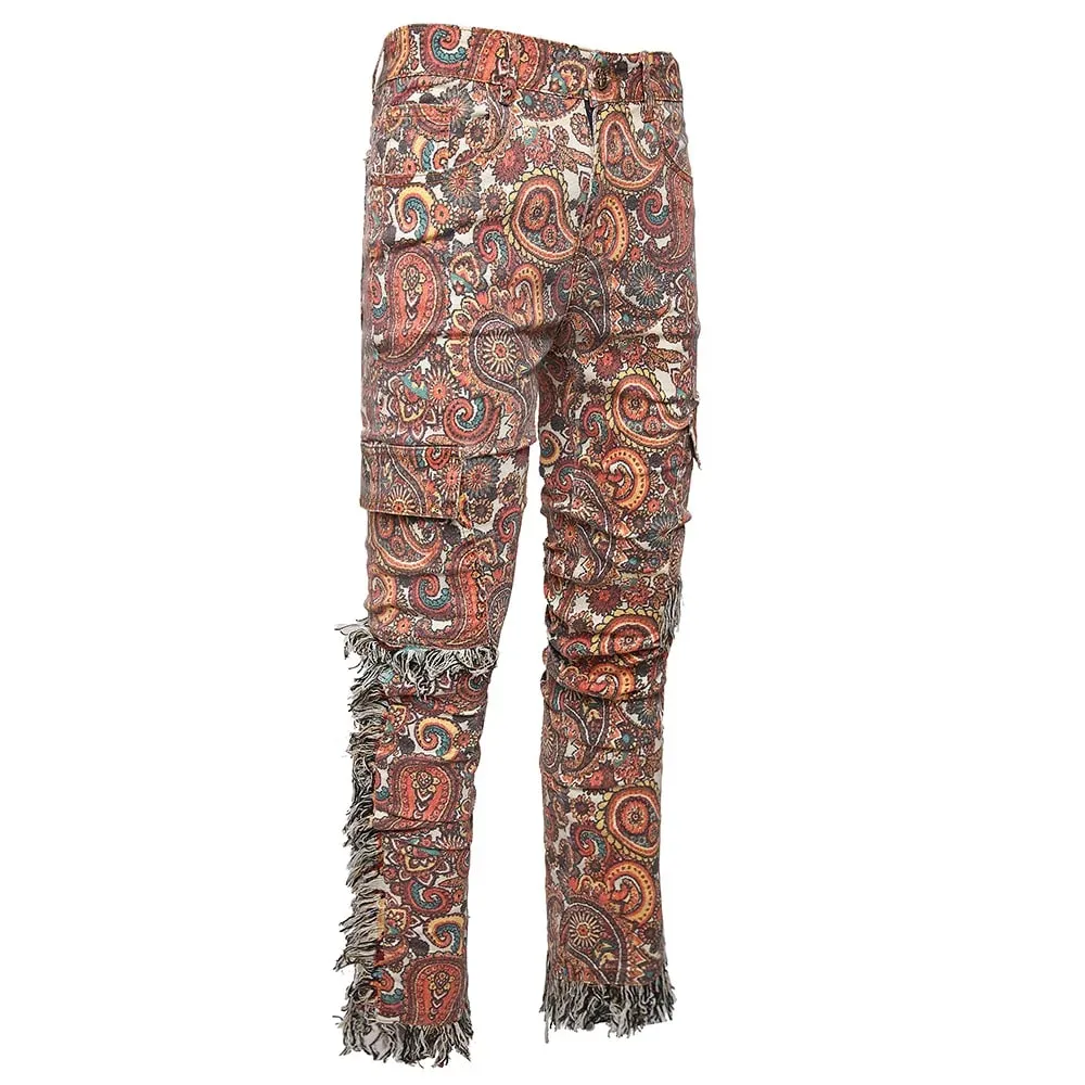 Men Bandana Print Pants Plus Size Multi Pockets Cargo Jeans Fashion Tassels Paisley Bandanna Trousers — image 3