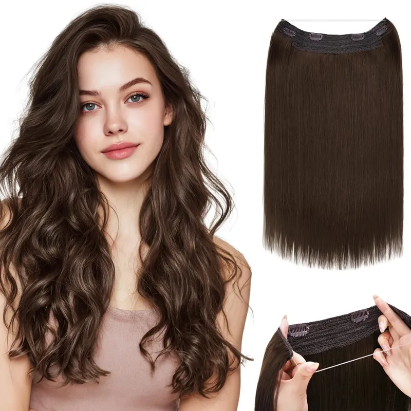Sunmofavo Wire in Hair Extensions Human Hair Straight Fish Line Natural Fusion with 4 Clips Weft Hair Extensions For Women Daily