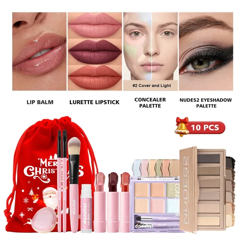 10Pcs Lip Balm Lipstick Concealer Palette Nudes Eyeshadow Palette Makeup Brushes Xmas Drawstring Bag Woman Makeup Christmas Gift — image 2