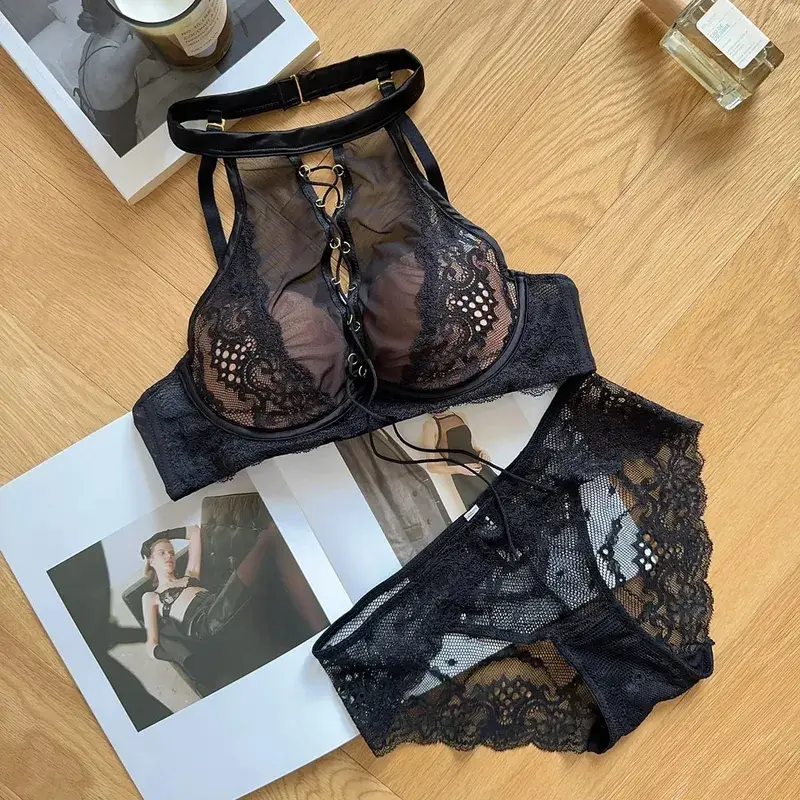 Luxury French Lace Halter Bra Small Chest Push-Up Sheer Bralette Seductive Allure Black Lingerie Set Wire-Free Comfort MOYISU AB — image 8
