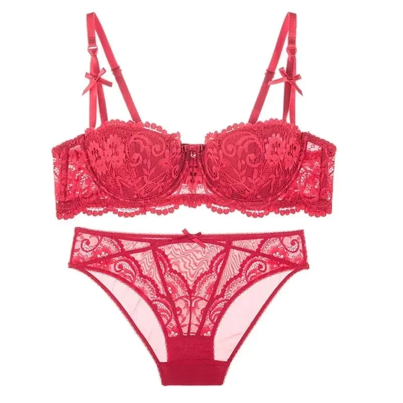 Christmas Lace Bra Set - Black & Red Sheer Bralette Ultra Thin Half Cup Pure Desire Look Tushy Underwear Xmas Party Lingerie — image 2