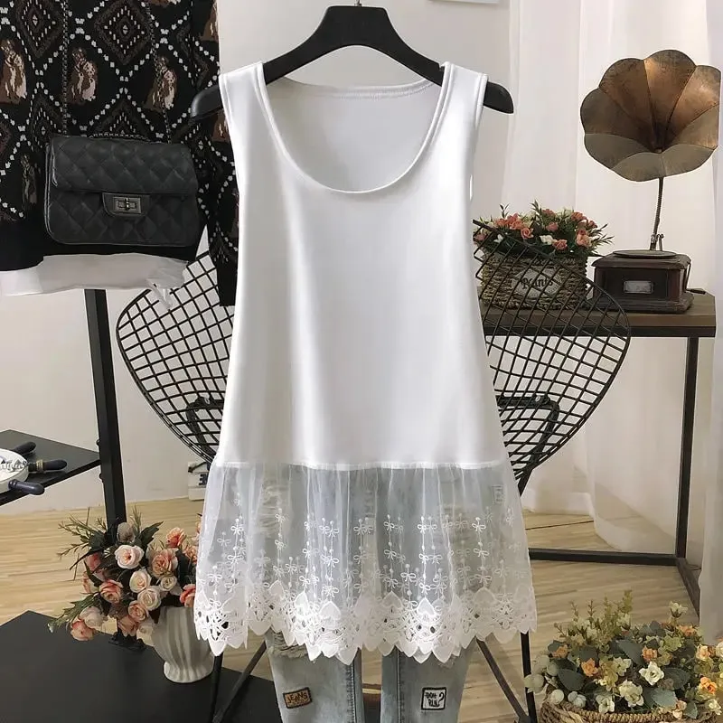 Street Casual Lace Patchwork Tanks Summer New Sleeveless Solid Color Loose Youth White T Shirt Tops Fashion Trend Women Clothing — image 2