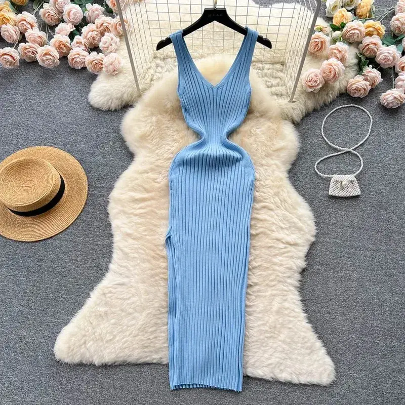 Women V Neck Solid Ribben Knitted Dresses Casual All Match Slimple Sexy Package Hips Bodycon Dress Elegant Vestidos Streetwear — image 5