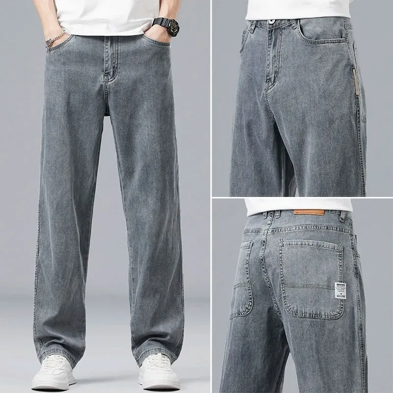 Summer Ultra-thin Lyocell Men's Jeans Drape Soft Fabric Loose Straight Casual Denim Pants Elastic Ice Silk Male Trousers — image 11