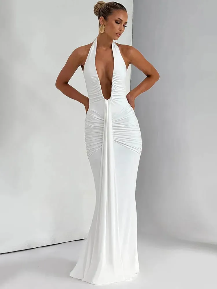 Mozision głęboki dekolt w szpic, drapowana, marszczona, seksowna sukienka Maxi, damska moda letnia Halter bez rękawów, bez pleców, klubowa długa sukienka na imprezę elegancka