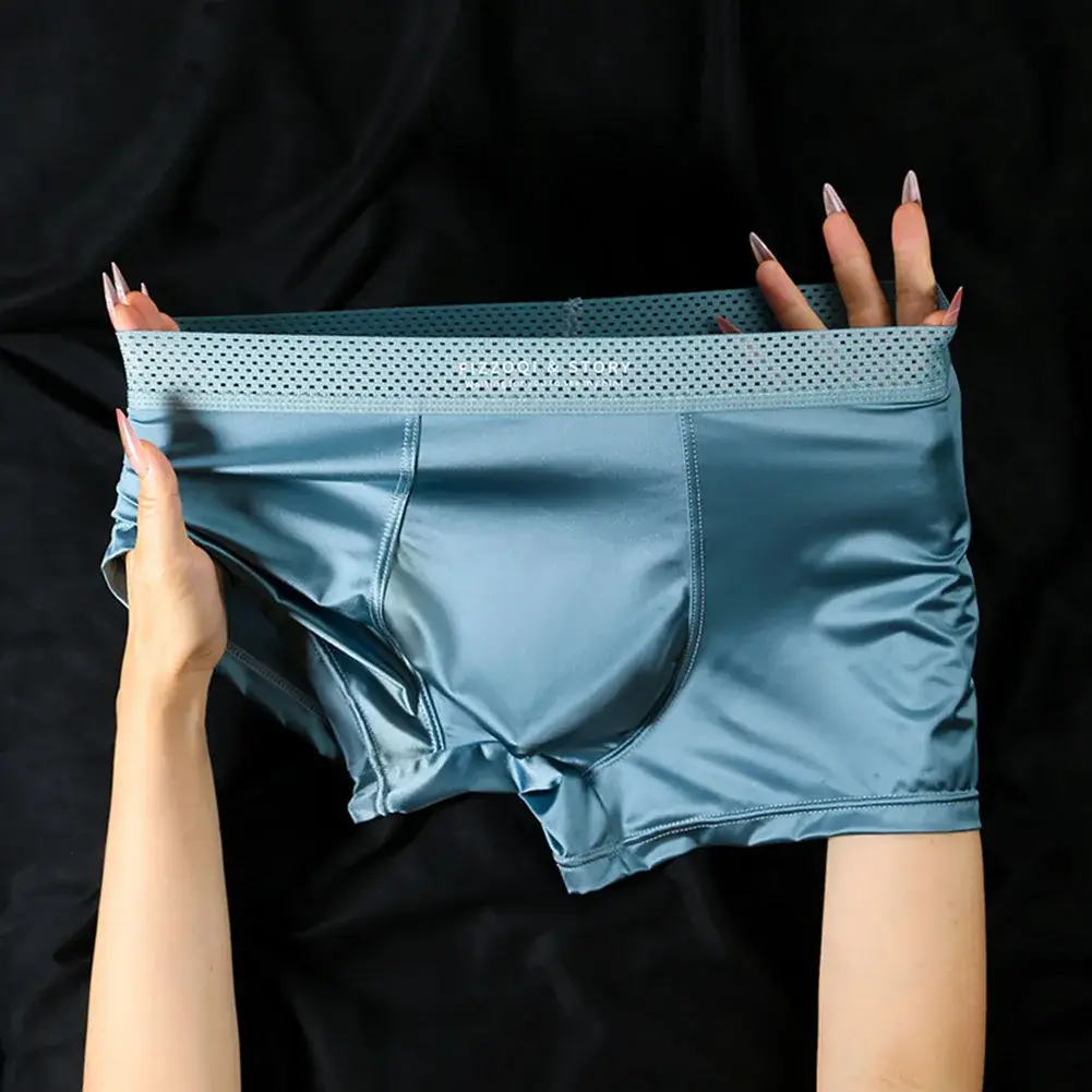 1pc Men Satin-like Ice Silk Boxers Smooth Panties Hollow Out Waistband Underpants Breathable Solid Color Underwear Trunk — image 2