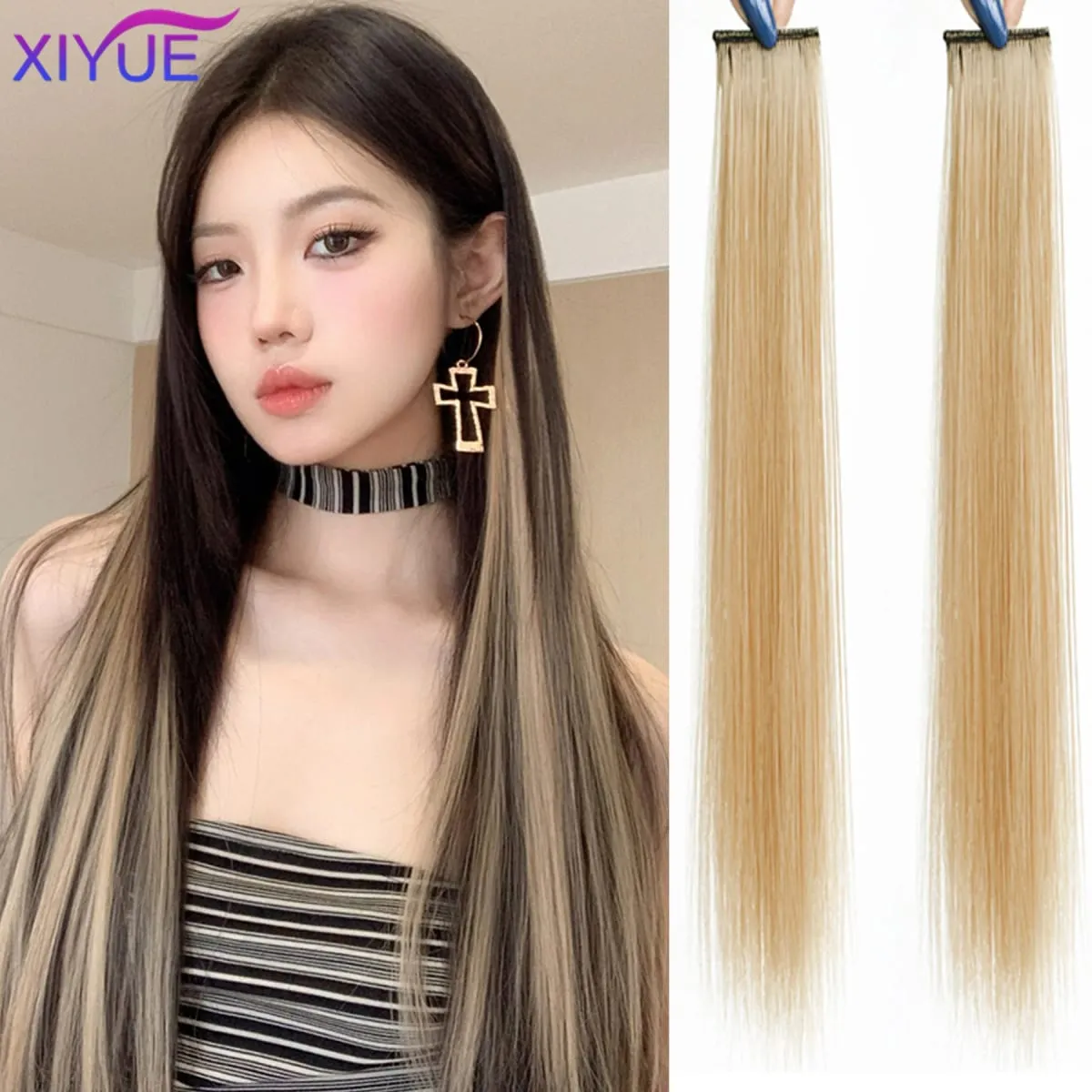 2pcs/pack Synthetic Colored Party Highlights Clip in Hair Extensions for Girls 24 inches Multi-colors Straight Hair Synthetic Ha — image 3