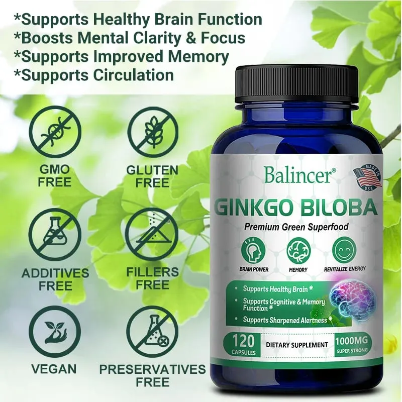 Ginkgo Biloba Extra Strength 1000mg Per Serving - Supports Brain Function and Memory Support 120 Vegetarian Capsules — image 3